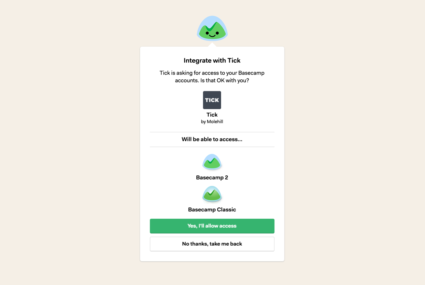 Allowing Tick access to your Basecamp account