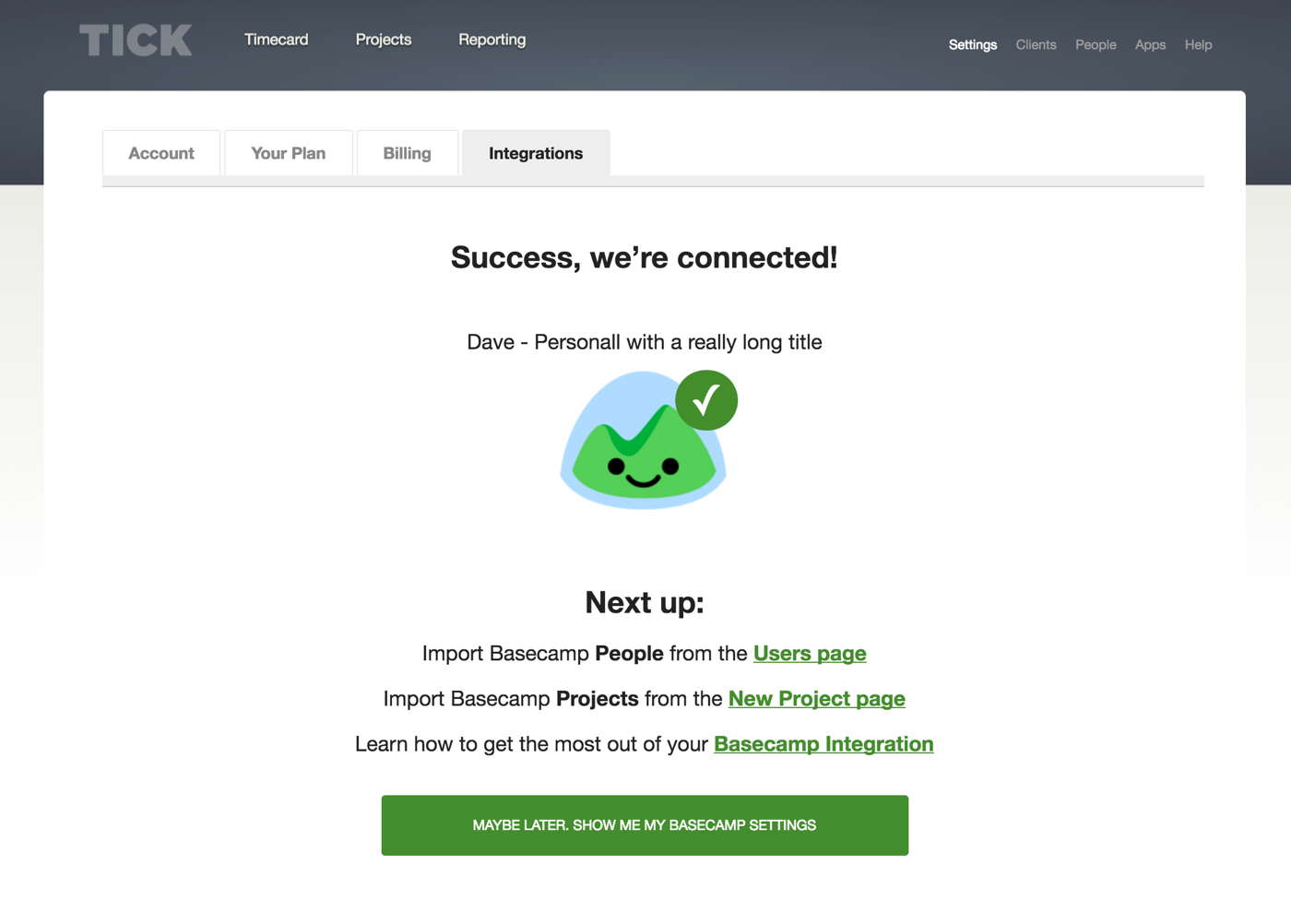 Basecamp integration confirmation page