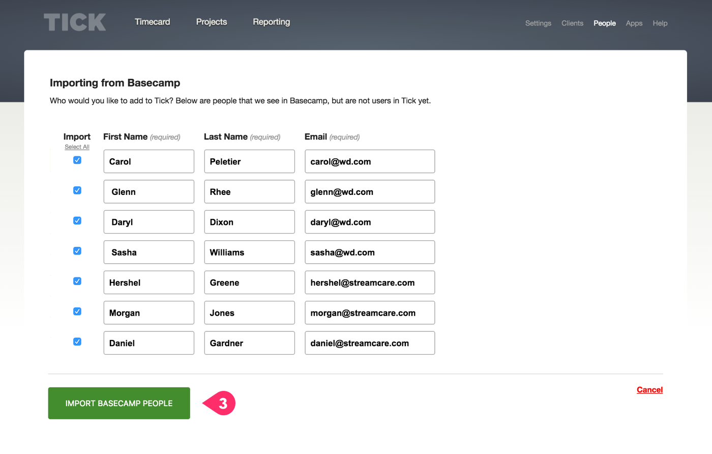 Importing Basecamp users to Tick