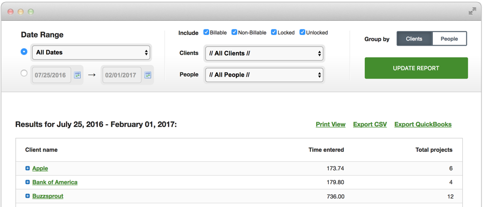 Report run for time entered for each client