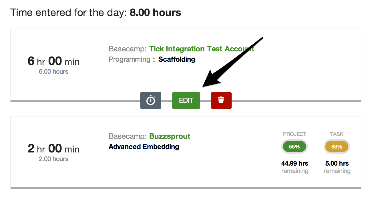 Edit time entry in timecard